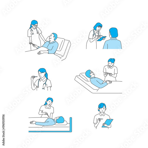 Medical and nursing illustration set: hospital care, medical exam, and vaccination