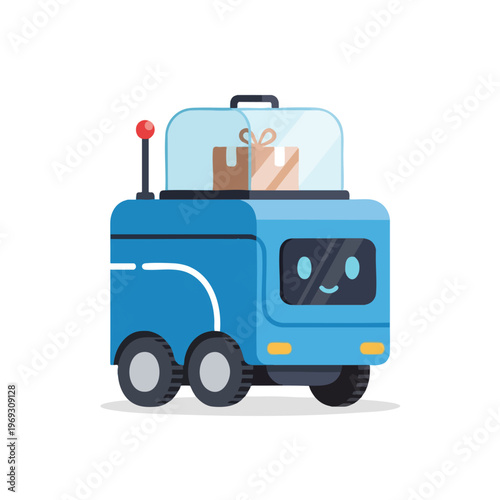A cheerful blue delivery robot with a package in its transparent top