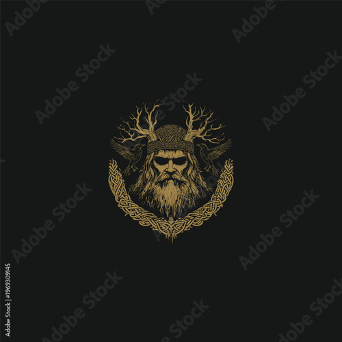 Ancient Norse god Odin with crown of branches and ravens surrounded by a Celtic knot wreath, gold on dark background.