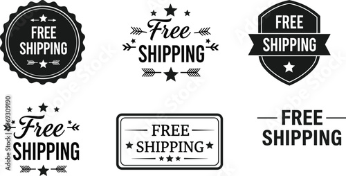 A collection of black and white shipping labels and badges promoting free shipping offers with varied designs and star accents high quality professional
