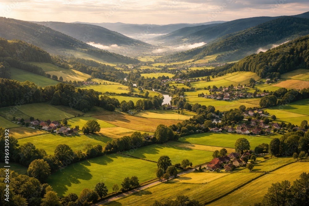 Obraz premium Aerial View of Lush Countryside Valley with Rolling Hills and Fields