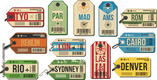 A collection of vintage style luggage tags displays various international airport codes offering a nostalgic travel aesthetic high quality professional detailed modern elegant