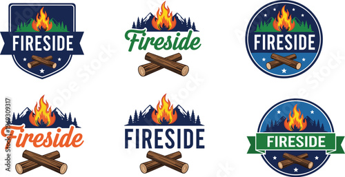 An assortment of fireside logo designs featuring flames logs mountains and text variations in circular and shield shapes high quality professional detailed modern