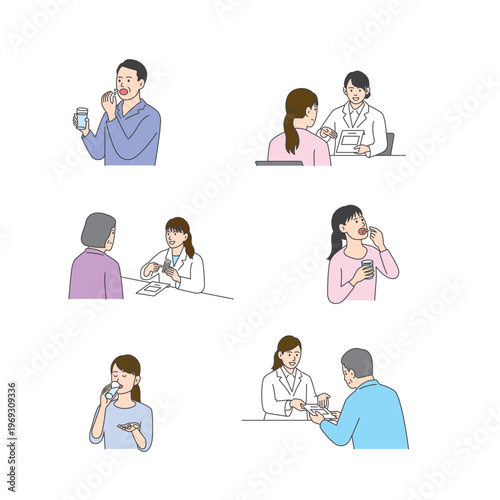 Medical and nursing illustration set: hospital care, medical exam, and vaccination
