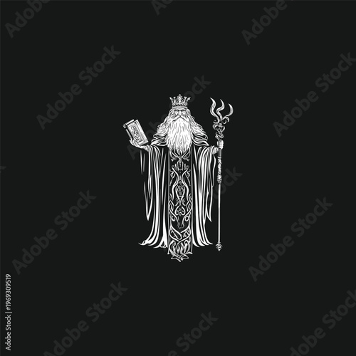 vintage engraving illustration of a wizard holding a magical book and staff on a black background