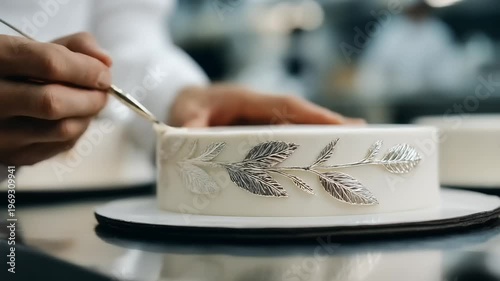 Baker decorating a cake with intricate silver leaves