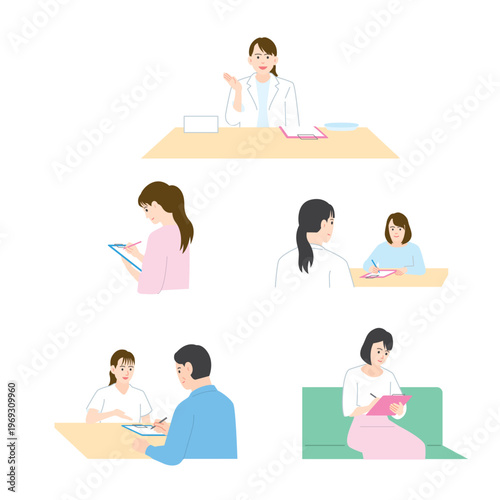 Medical and nursing illustration set: hospital care, medical exam, and vaccination