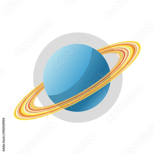 A stylized blue planet with colorful rings orbiting, set against a pale gray circle
