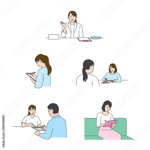 Medical and nursing illustration set: hospital care, medical exam, and vaccination