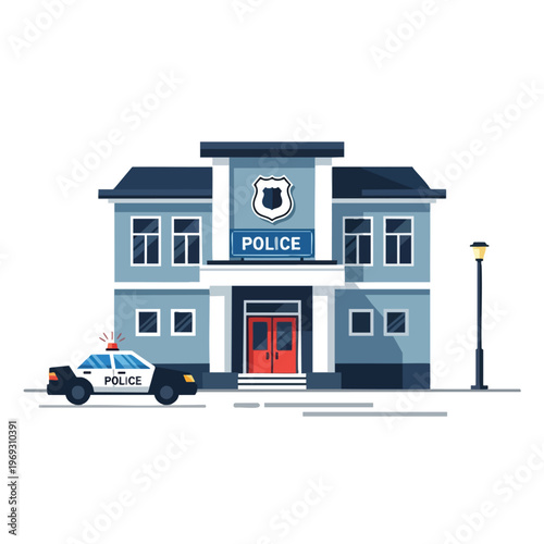 A police station with a patrol car in front, a lamppost nearby