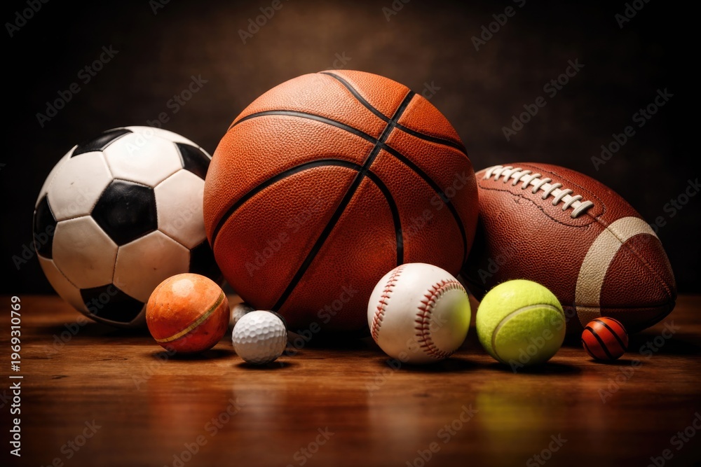 Obraz premium Various sports balls arranged on smooth wooden surface with dark background