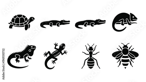 A collection of reptile amphibian and insect silhouettes displayed in a simple graphic arrangement silhouette high quality professional detailed modern elegant