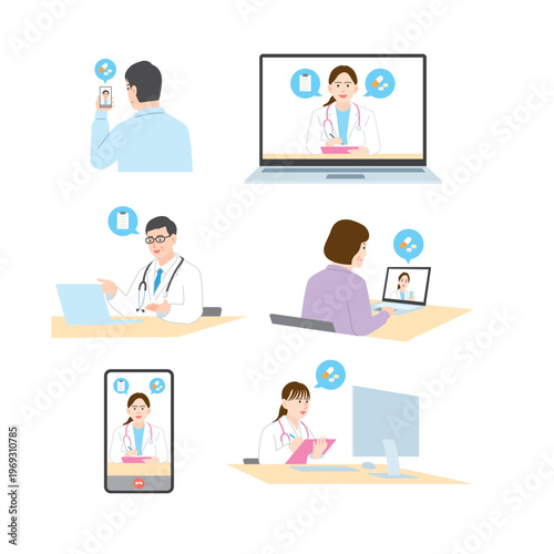 Medical and nursing illustration set: hospital care, medical exam, and vaccination