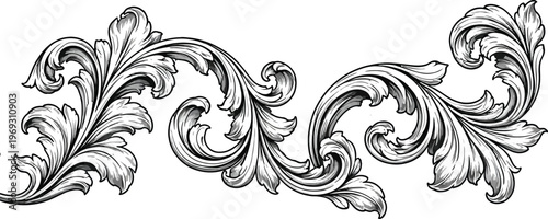 Elegant baroque floral elements featuring detailed roses, swirling acanthus ornaments, and vintage botanical styling in rich colors.
