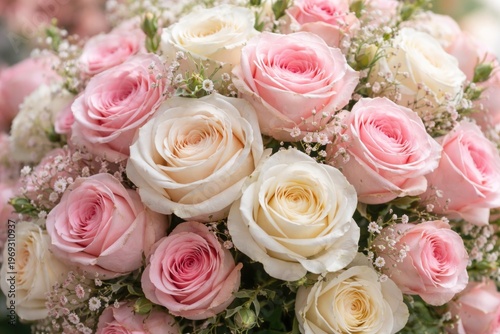 Fresh cluster of romantic pink and white roses in vibrant floral arrangement