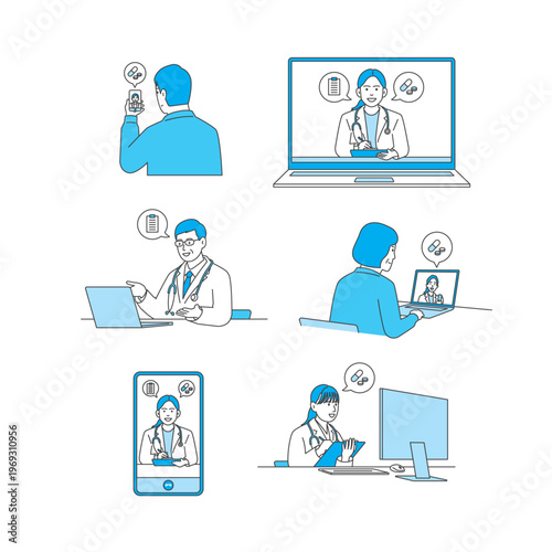Medical and nursing illustration set: hospital care, medical exam, and vaccination