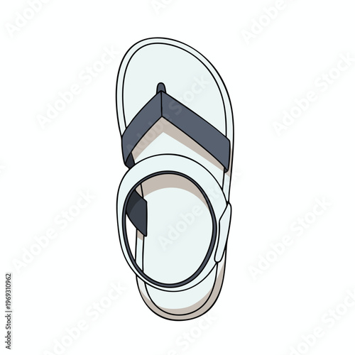 A light blue sandal with dark grey straps and a white sole, presented from above