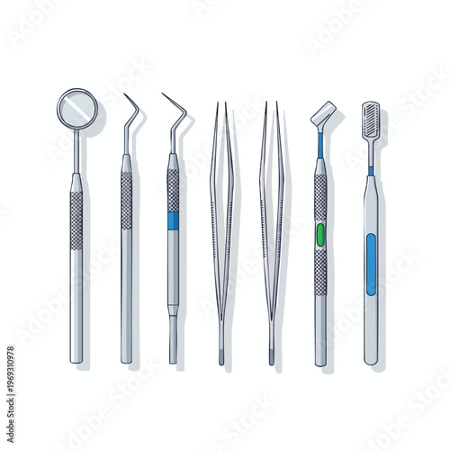 Collection of dental tools including mirror, probes, forceps, and scaler