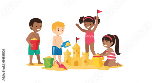 Four diverse children are happily building a large sandcastle together using various colorful pails and shovels on a sunny beach.