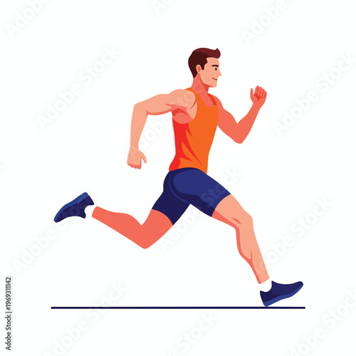 Athletic male runner in orange tank top and blue shorts, in mid stride