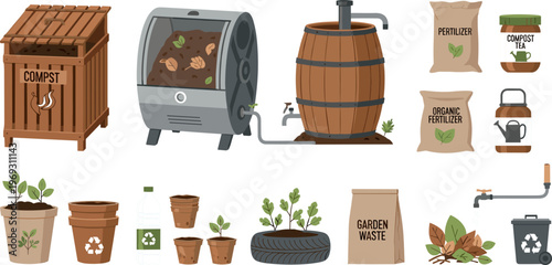 Composting and Organic Waste Recycling Icon Set Featuring Garden Compost Bins, Fertilizer Bags, Plant Pots, and Eco Friendly Sustainability Elements