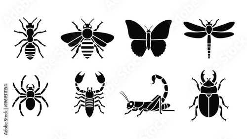 A collection of various insect and arachnid silhouettes including bees spiders and scorpions displayed in black high quality professional detailed modern