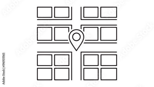 Minimalist black and white line art illustration of an urban city map grid, showcasing residential blocks, intersecting streets, and a central location pin icon for navigation or address.