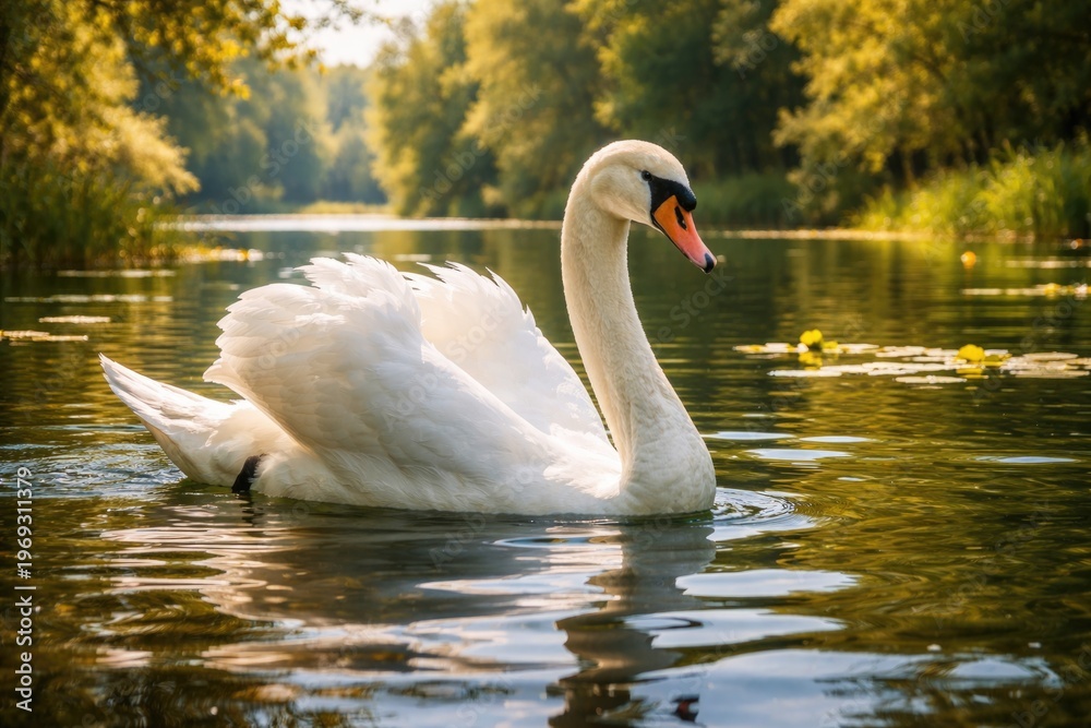 Fototapeta premium White swan gliding gracefully on a serene summer lake
