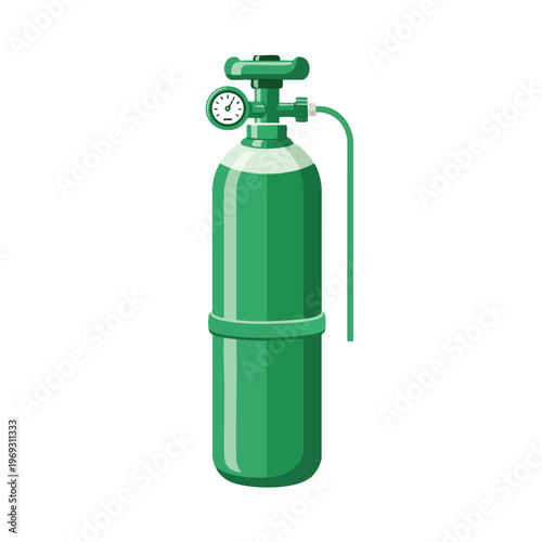 Green oxygen tank with pressure gauge and connecting tube