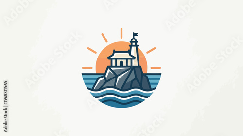 Coastal Lighthouse Emblem with Rising Sun and Water