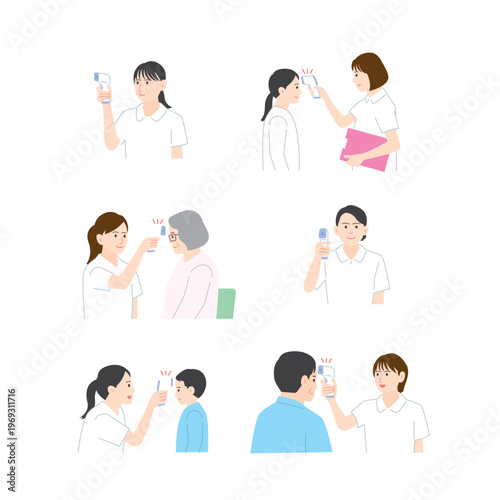 Medical and nursing illustration set: hospital care, medical exam, and vaccination