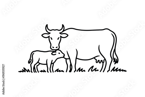 Black and white line of a cow and calf standing in a field line cow farm animal mother and baby