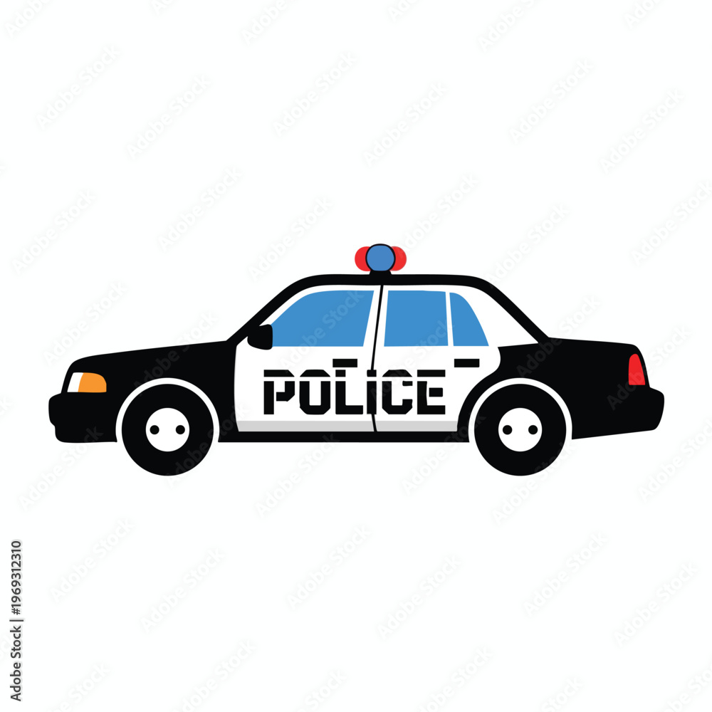 Fototapeta premium Black and white sedan with blue windows, police text, and red/blue lights