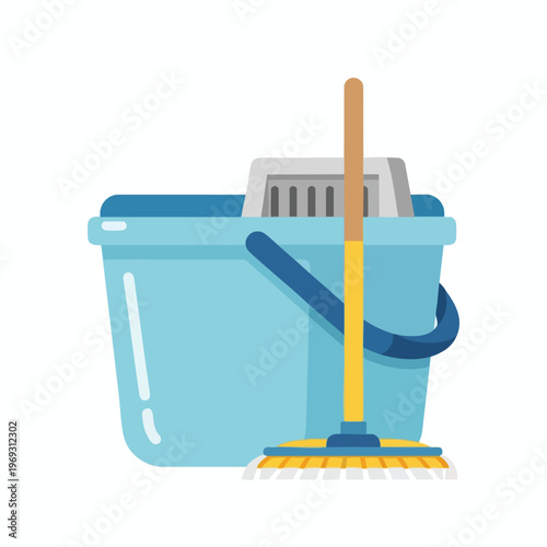 A light blue mop bucket with a wringer sits next to a yellow and blue mop