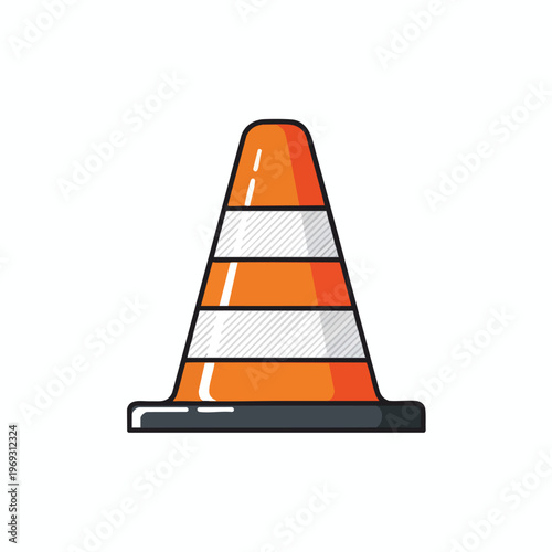 Stylized orange traffic cone with reflective white stripes on a white background