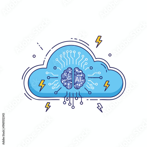 Stylized cloud with AI brain and circuit lines, lightning symbols