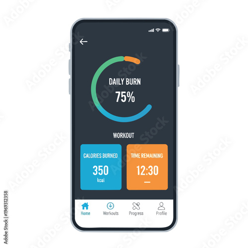 Workout tracker app screen showing daily burn, calories, and time remaining