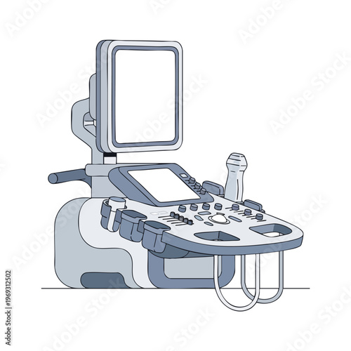 A detailed illustration of a medical ultrasound machine, ready for diagnostics