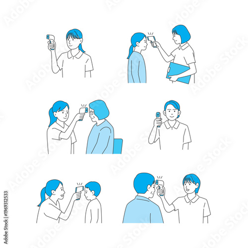 Medical and nursing illustration set: hospital care, medical exam, and vaccination