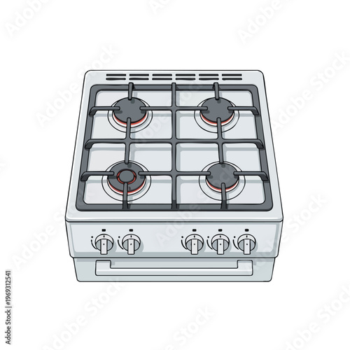 White gas range with four burners and control knobs