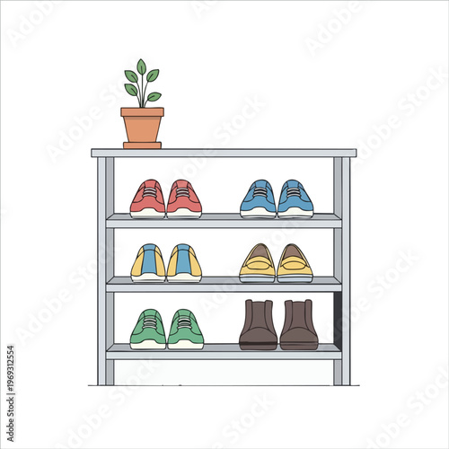 Three-tier shoe rack with various shoes and a potted plant