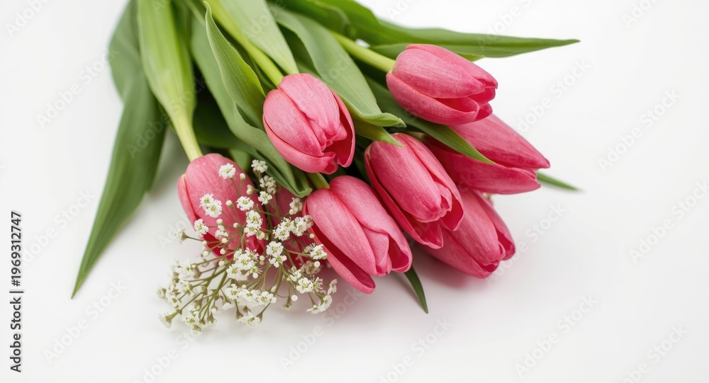Fototapeta premium Stylish pink tulip bouquet with delicate flowers on white flat background
