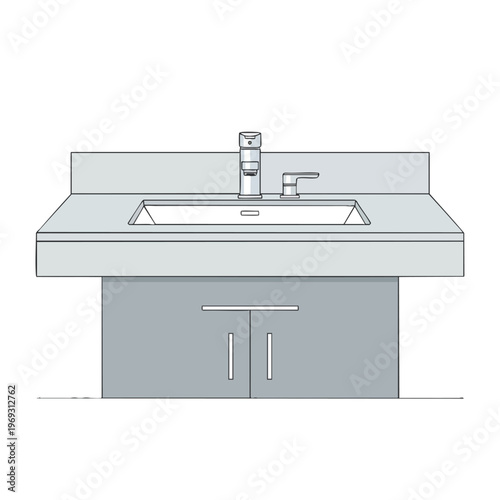 Modern vanity with integrated sink, sleek faucet, and double cabinet