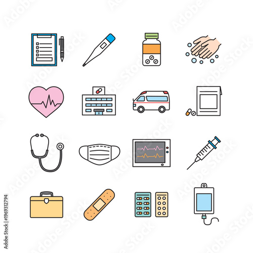 Medical and nursing illustration set: hospital care, medical exam, and vaccination