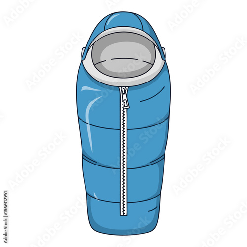 A cartoon blue sleeping bag with a silver zipper and gray hood, isolated on white