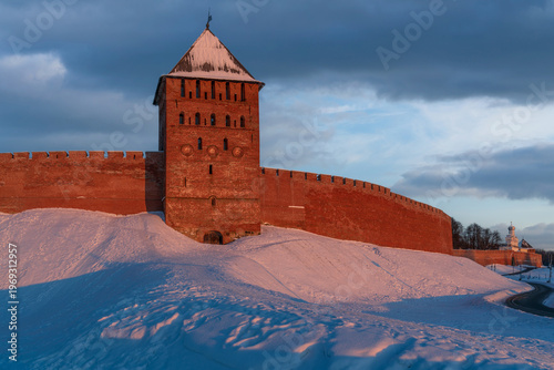 Dvortsovaya Tower (Palace Tower) of the Novgorod Kremlin (Novgorod Detinets) on a sunny winter day, Veliky Novgorod, Russia