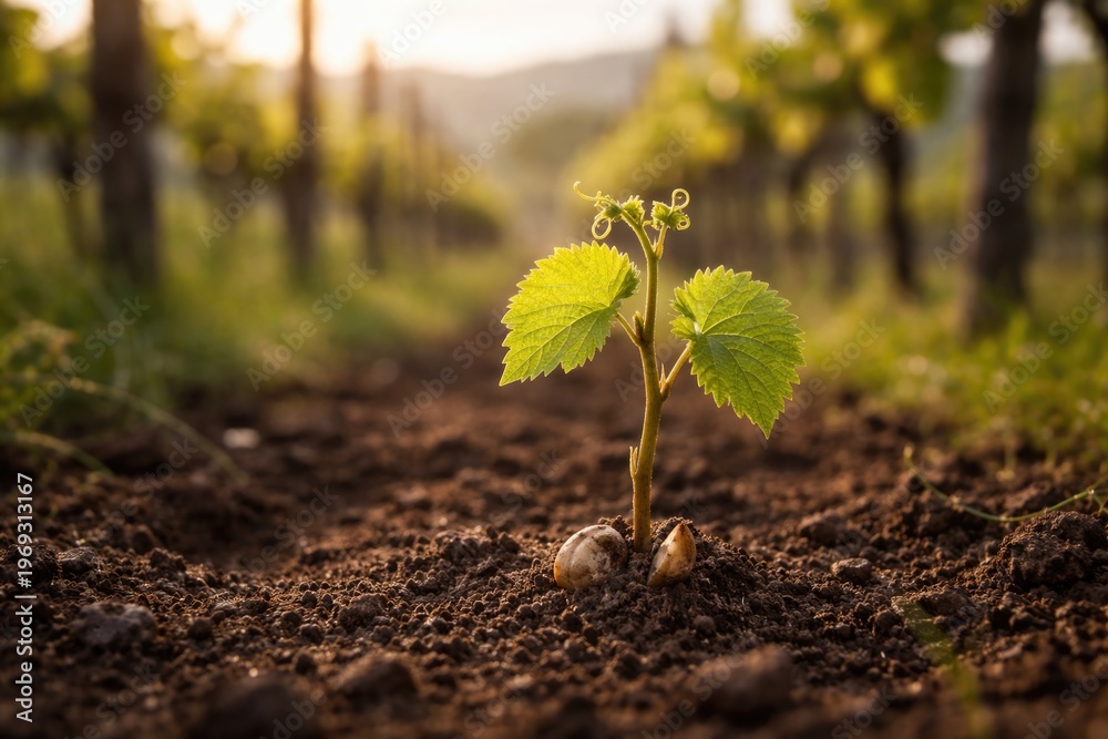 Naklejka premium Young grapevine plant emerging from seedling in a vineyard setting