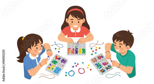 Three children sit at a table, joyfully engaged in a creative activity making colorful bead jewelry with strings and assorted small beads.
