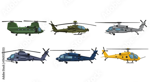 Military Helicopter Vector Set, Army Chopper and Air Force Aircraft Collection, Tactical Transport and Attack Gunship Isolated on White Background.
