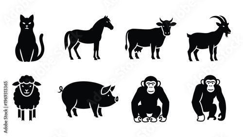A collection of farm animal silhouettes including a cat horse cow goat sheep pig and monkeys high quality professional detailed modern